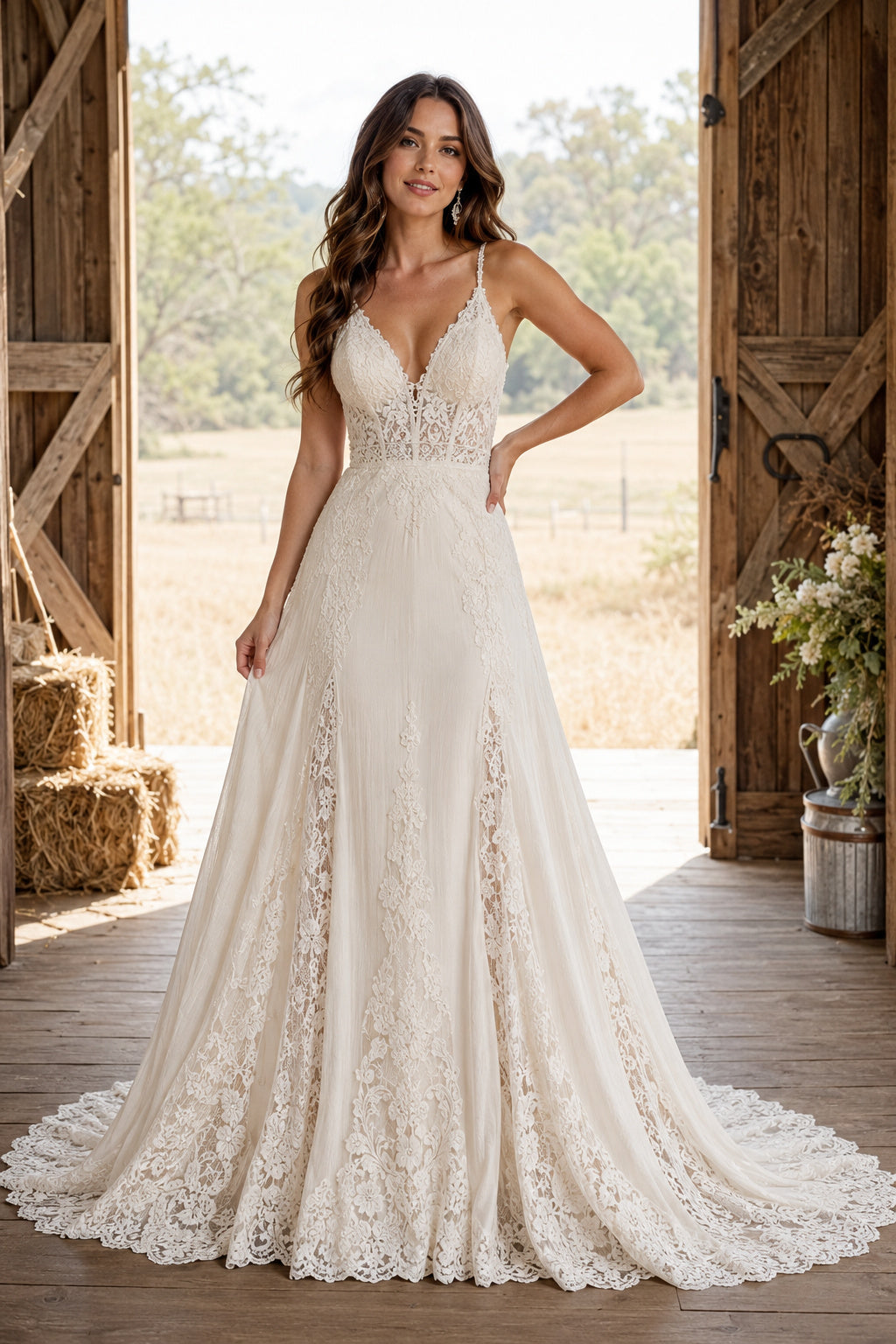 Ivory Spaghetti Strap Lace A-Line Boho Wedding Dress with Lace-Up Back and Train front view