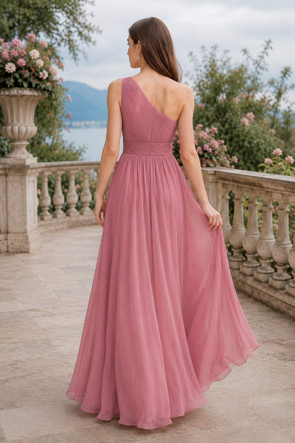 Dusty Rose one shoulder chiffon A line dress with pleated bodice and soft skirt Floor-length A-Line Bridesmaid Dress back vie