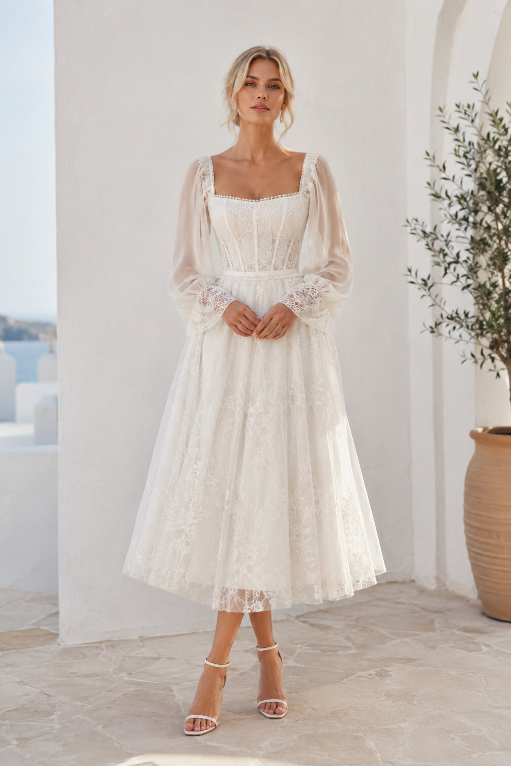Ivory Square Neck Long Puff Sleeve Tea Length Wedding Dress for Wedding Reception and Party front view