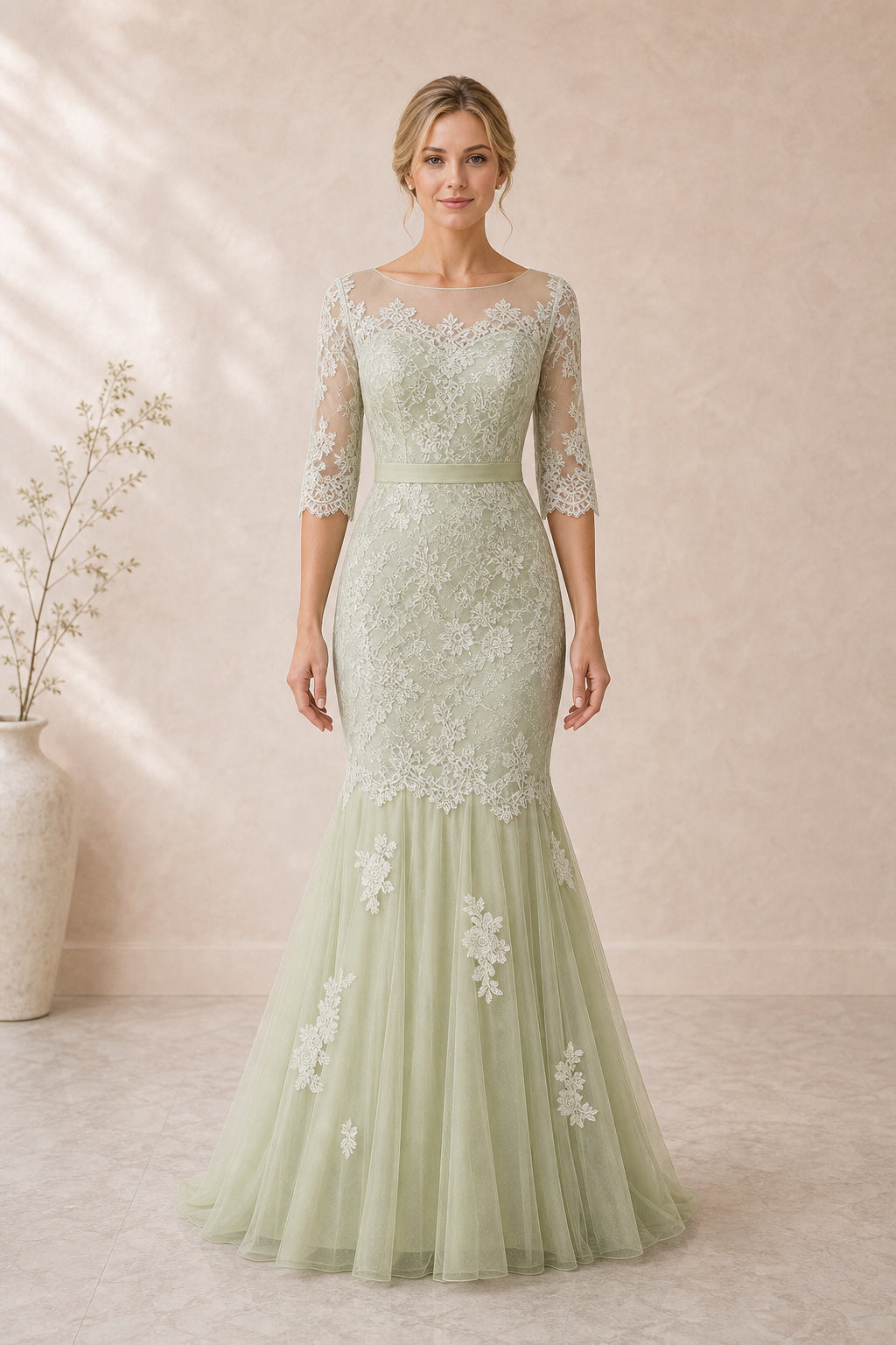 Mint Bateau Three-Quarter Sleeve Mermaid Lace Floor-Length Dress With Tulle Skirt