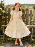 Daffodil Tiered Ruffle Tulle A-Line Flower Girl Dress with Square Neck, Short Puff Sleeves, and Tea-length Skirt front view
