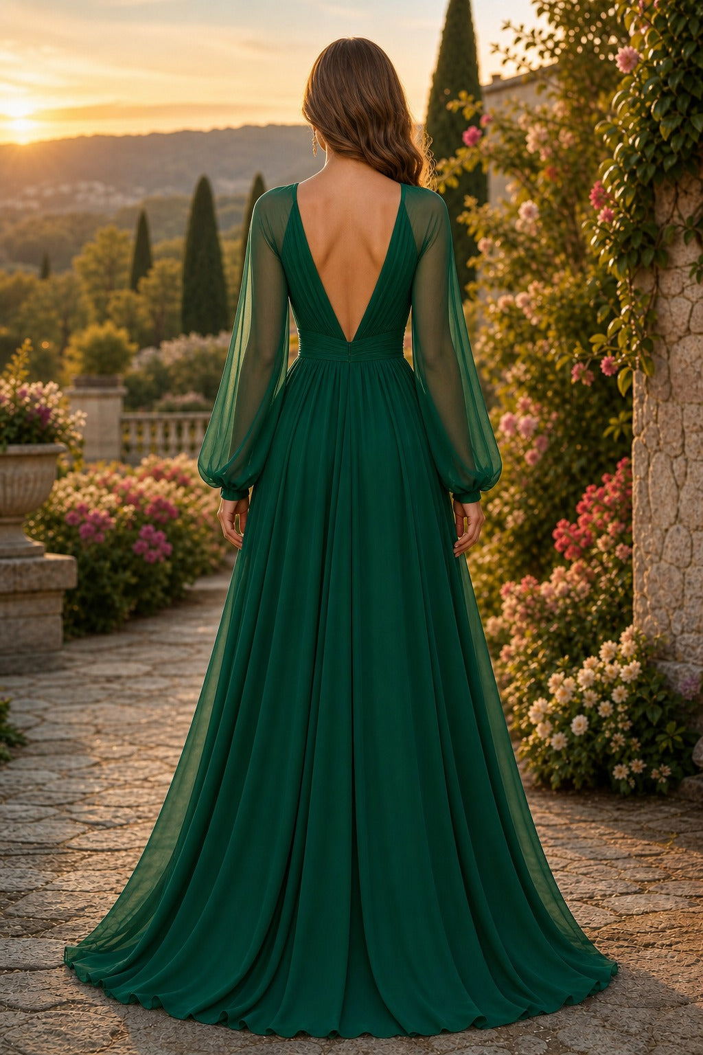 Emerald V-Neck Floor-Length Chiffon A-Line Dress
