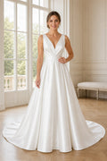 Ivory Bateau Short Sleeves A-Line Satin Floor-length Wedding Dress With Floral Appliques and Front Slit and Open Back