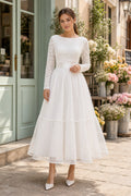 White Bateau Long Sleeves A-Line Tulle, Lace Tea-length Dress With Lace and Tiered Skirt