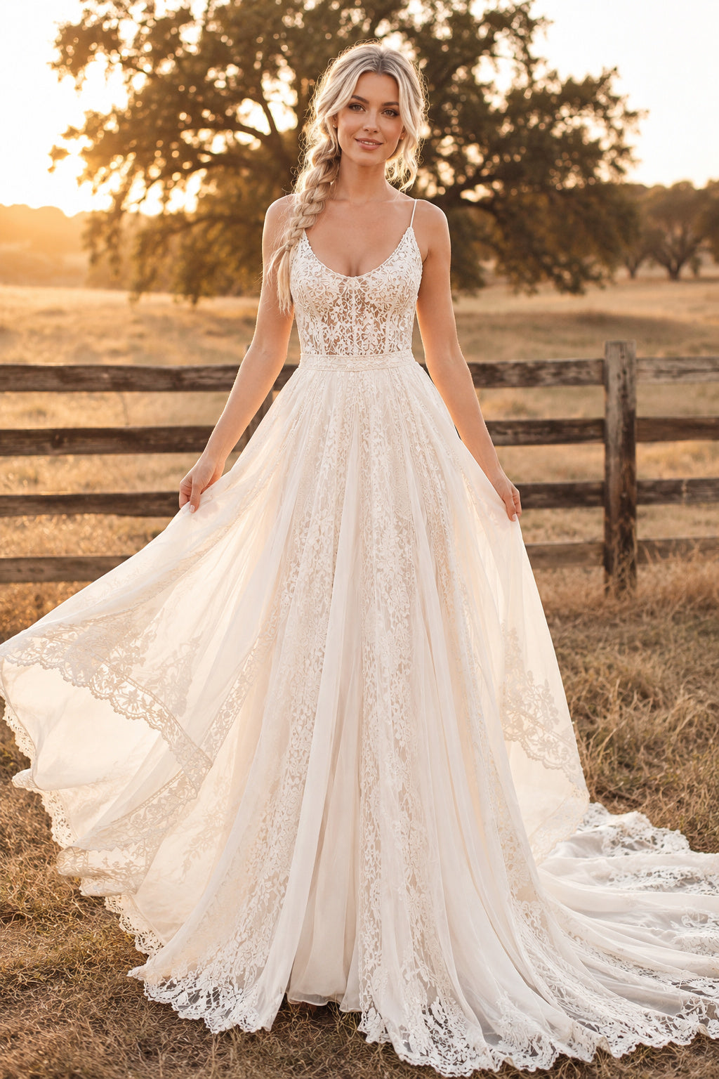 V-Neck Strap A-Line Wedding Dress with Lace Appliques and Full Tulle Train for Rustic Garden Ceremony front view