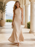 Champagne Halter Backless Crepe Sheath Floor Length Simple Guest Gown front view
