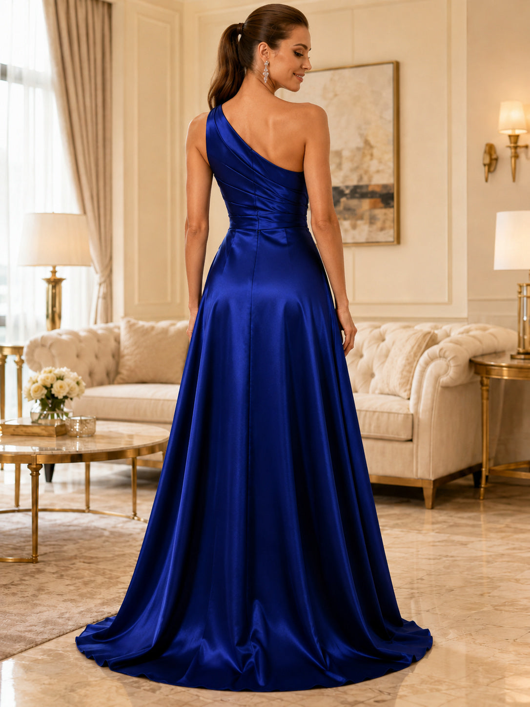 Royal blue one shoulder satin A-line gown with slit back view