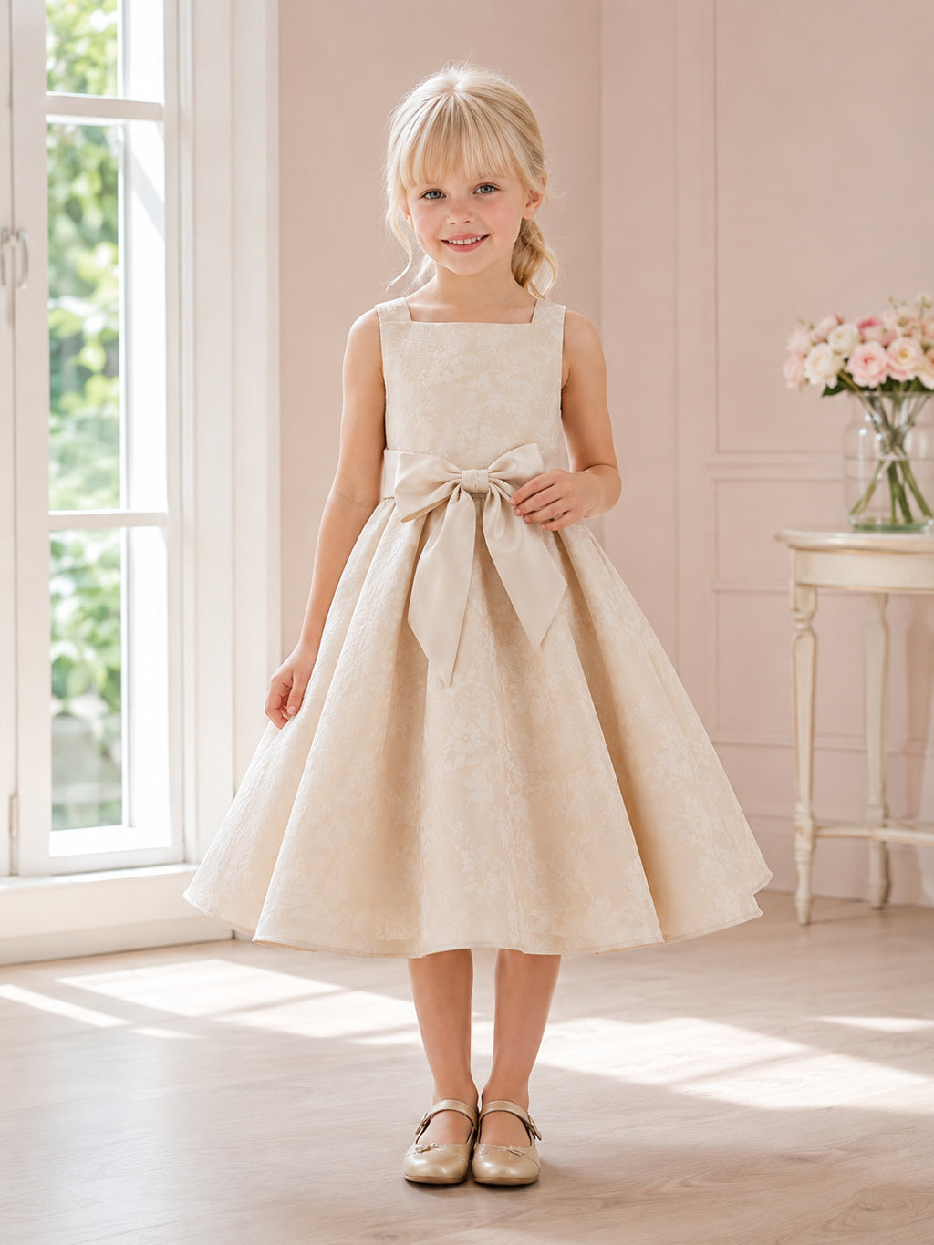 Adorable Flower Girl A-Line Satin Square Neck Sleeveless Tea-Length Bow Party Dress front view