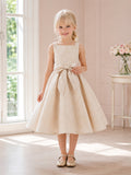 Adorable Flower Girl A-Line Satin Square Neck Sleeveless Tea-Length Bow Party Dress front view