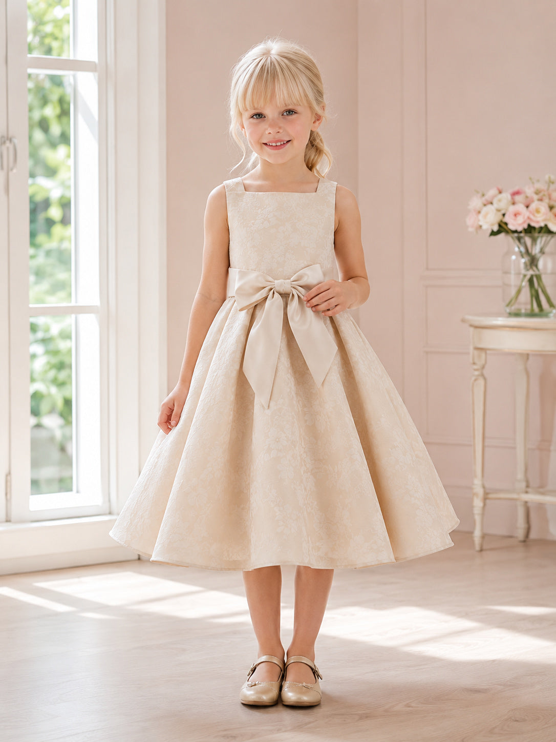Adorable Flower Girl A-Line Satin Square Neck Sleeveless Tea-Length Bow Party Dress front view