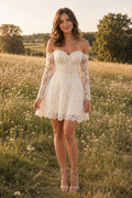 Ivory Off-the-Shoulder Lace Mini Wedding Dress with Long Sleeves and Sweetheart Bodice front view