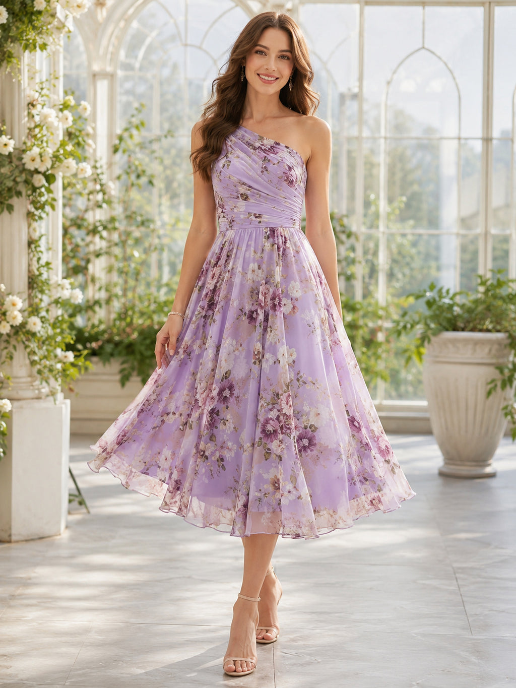 Lilac Floral One Shoulder Garden Party Midi Dress front view