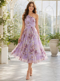 Lilac Floral One Shoulder Garden Party Midi Dress front view