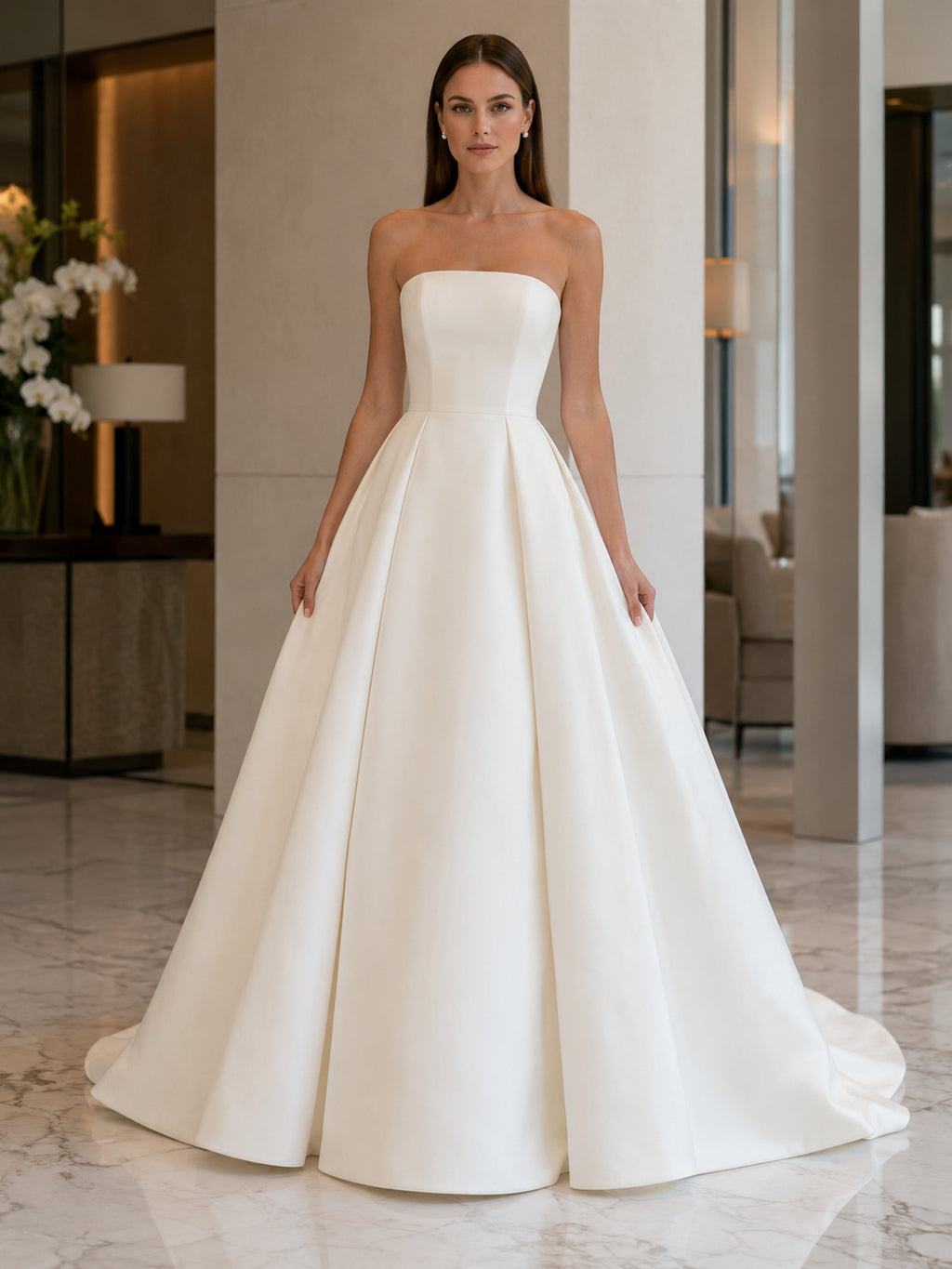 Minimalist Satin Wedding Dress Ball Gown Strapless Court Train Bridal Gown front view