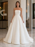 Minimalist Satin Wedding Dress Ball Gown Strapless Court Train Bridal Gown front view