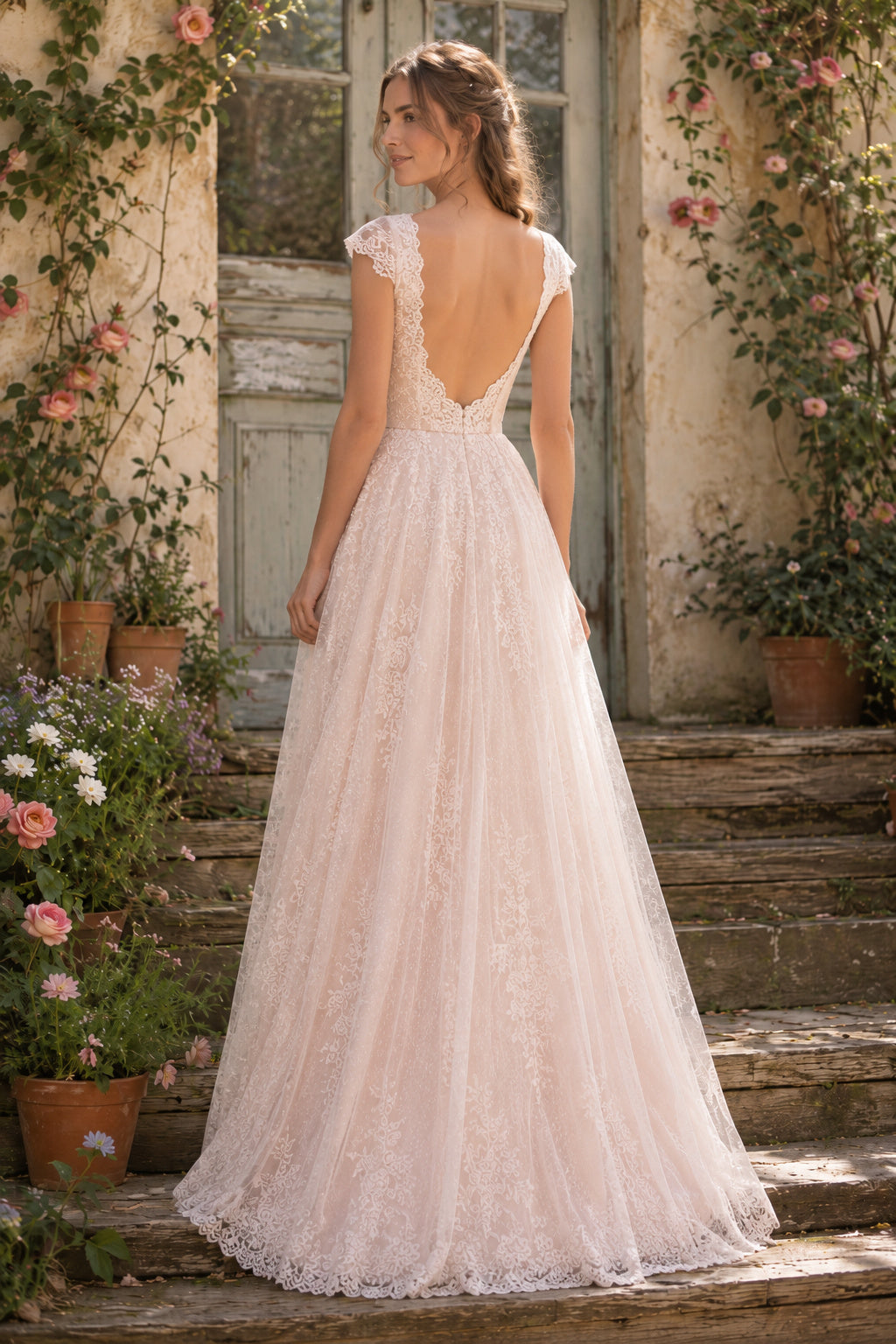Blushing Pink Cap Sleeve Square Neck A-Line Wedding Dress with Lace Tulle Skirt back view