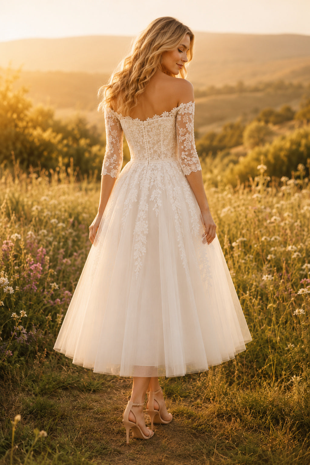 Ivory Off Shoulder Lace Tulle Tea Length Wedding Dress for Wedding Reception and Party Style MG_700976 back view