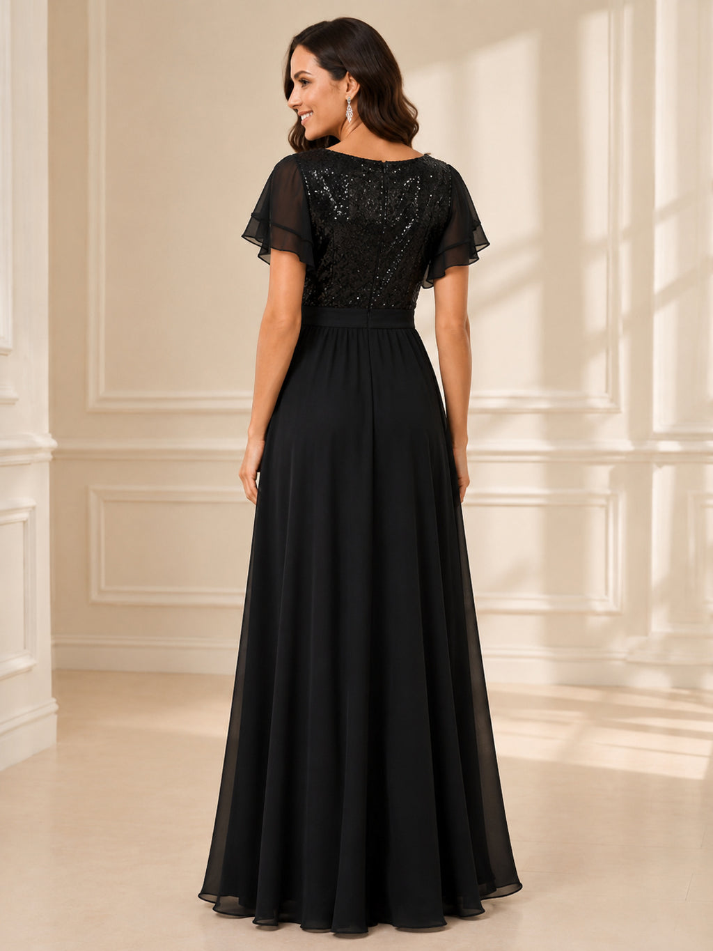 Black sequin bodice flutter sleeve chiffon A-line formal dress back view