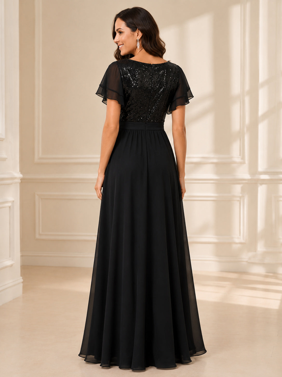 Black sequin bodice flutter sleeve chiffon A-line formal dress back view