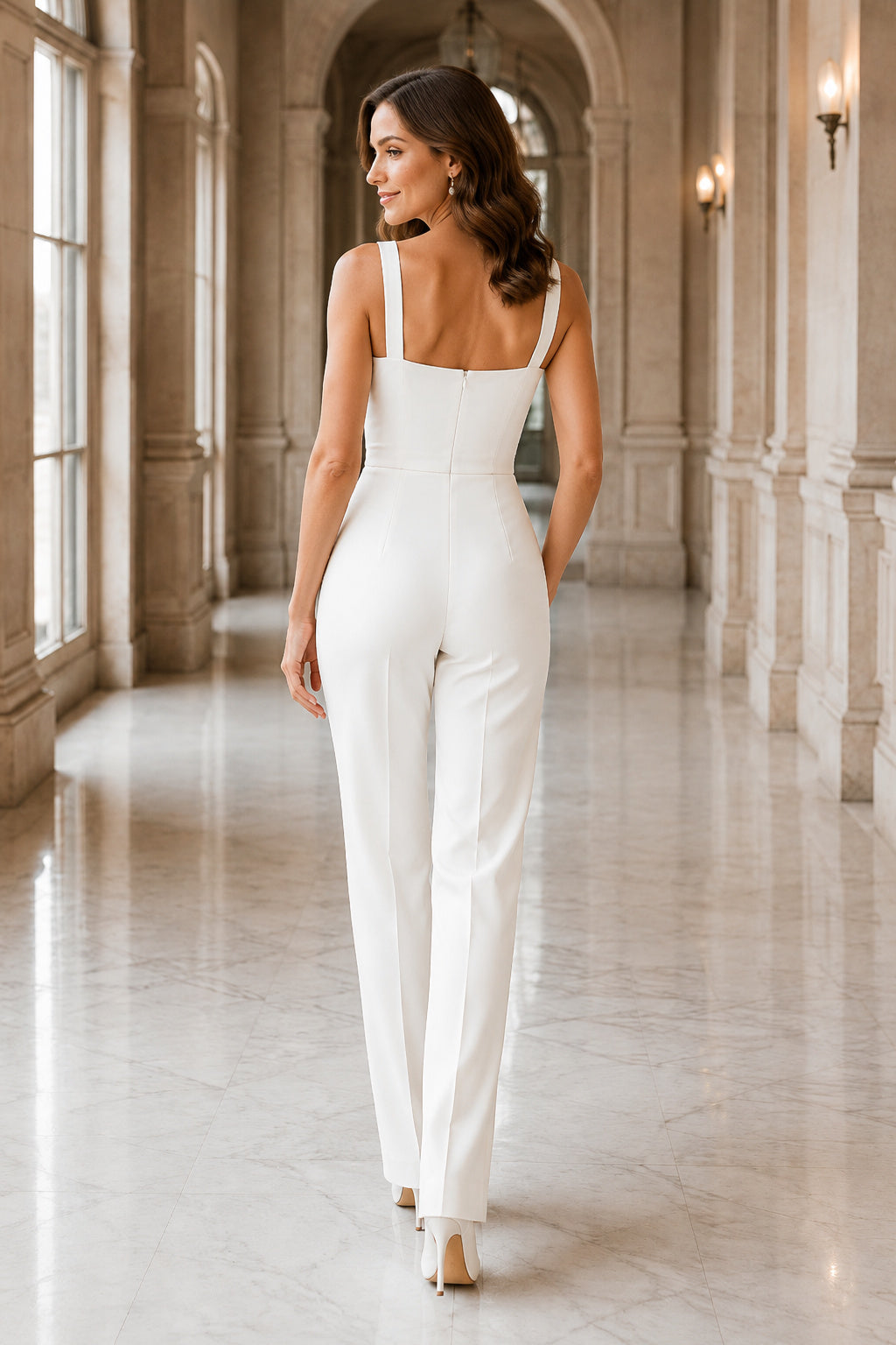 Square Neck Tailored Wedding Jumpsuit with Slim Straps and Pockets back view