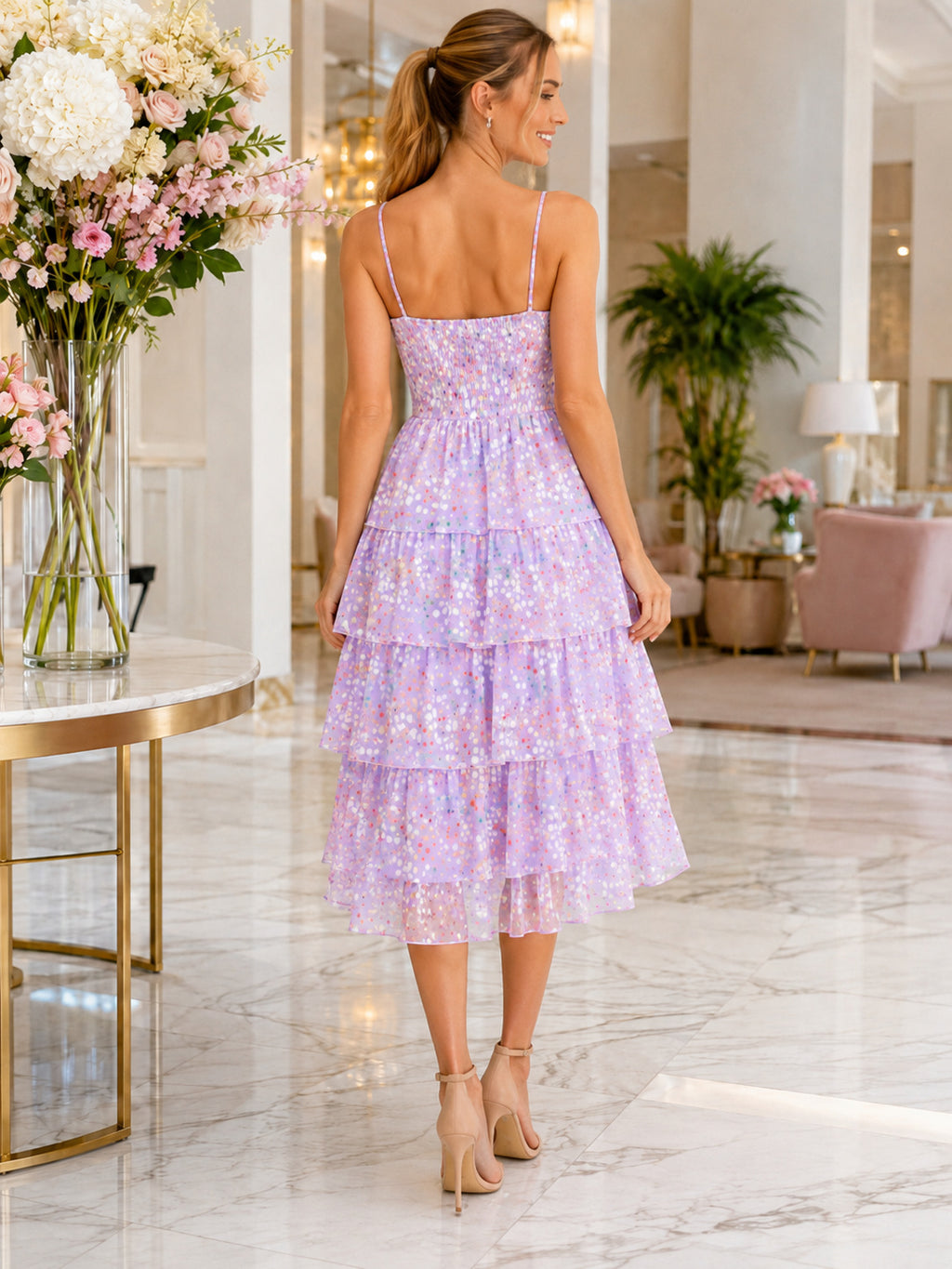Lavender Confetti Spaghetti Strap Tiered A-Line Midi Party Dress back view