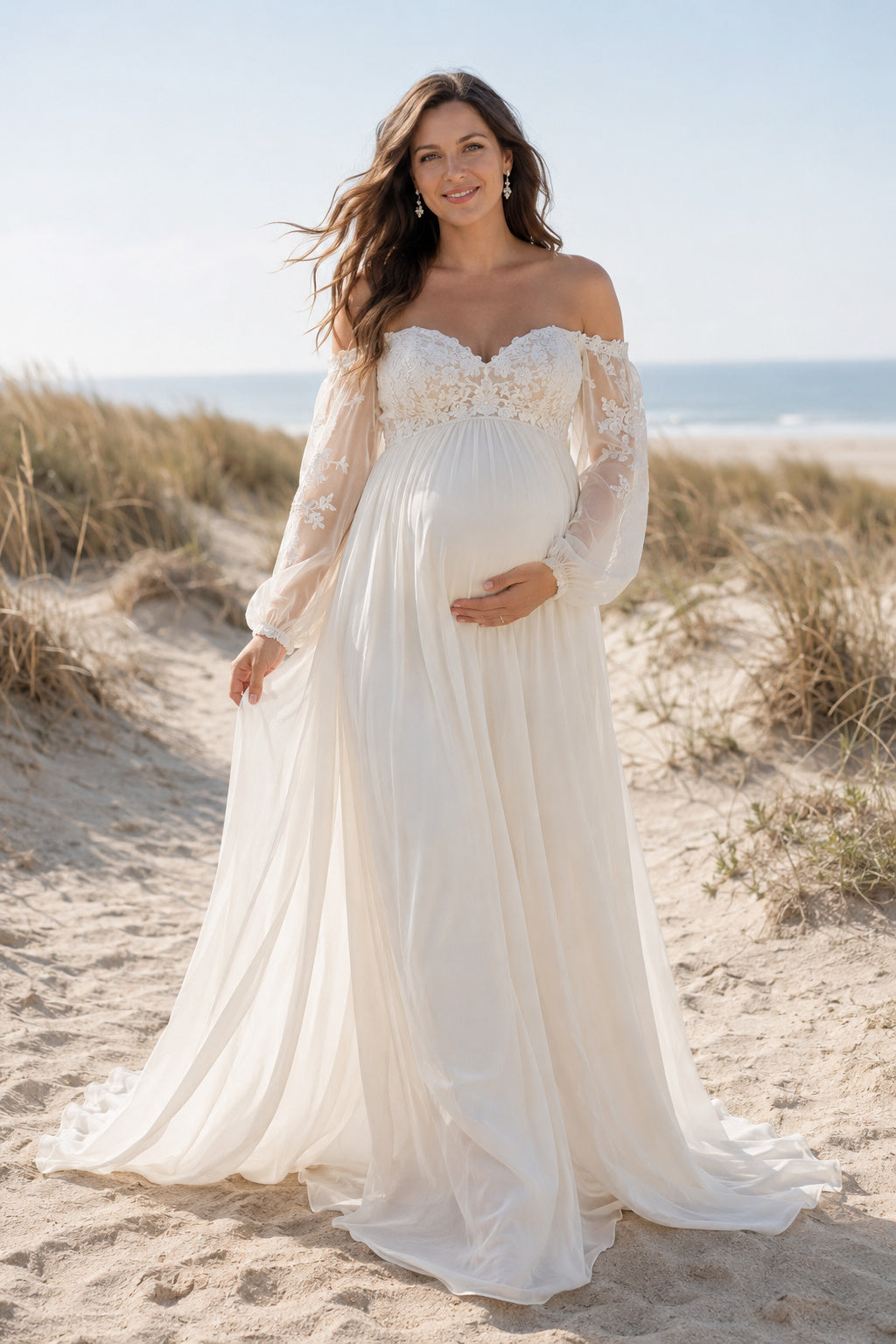 Ivory Maternity Off-the-Shoulder Long Sleeve Chiffon A-Line Wedding Dress with Train front view