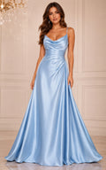 Powder Blue Satin Prom Dress with Cowl Neckline Ruched Waist A-Line Gown front view