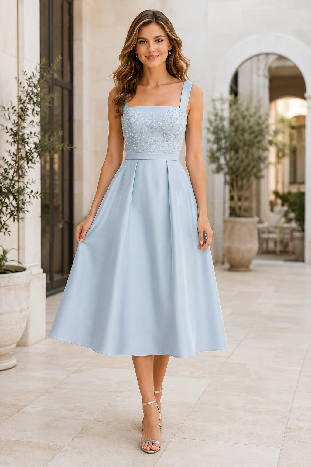 Sky Blue Square Neck Satin Tea Length Cocktail Dress with Wide Straps and A-Line Skirt front view