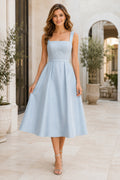 Sky Blue Square Neck Satin Tea Length Cocktail Dress with Wide Straps and A-Line Skirt front view