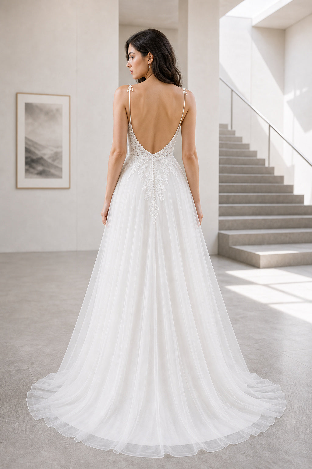 White V-neck Flutter Sleeves A-Line Crepe Floor-length Wedding Dress With Layered Skirt and Beaded Bodice and Open Back Lace Hem Detail