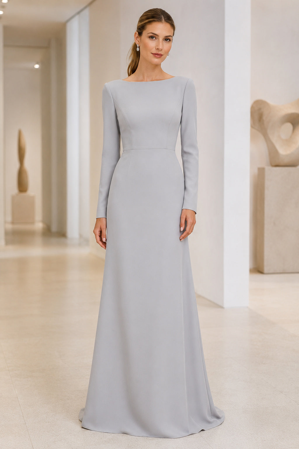 Silver Bateau Neck Long Sleeve Sheath Mother Dress with Clean Floor Length Skirt front view