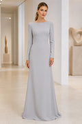 Silver Bateau Neck Long Sleeve Sheath Mother Dress with Clean Floor Length Skirt front view