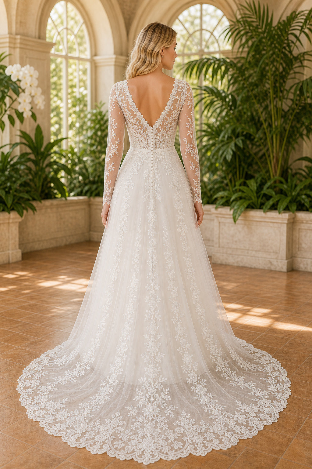 White Illusion Long Sleeves Ball Gown Tulle Floor-length Wedding Dress With Lace Bodice and Sweep Train