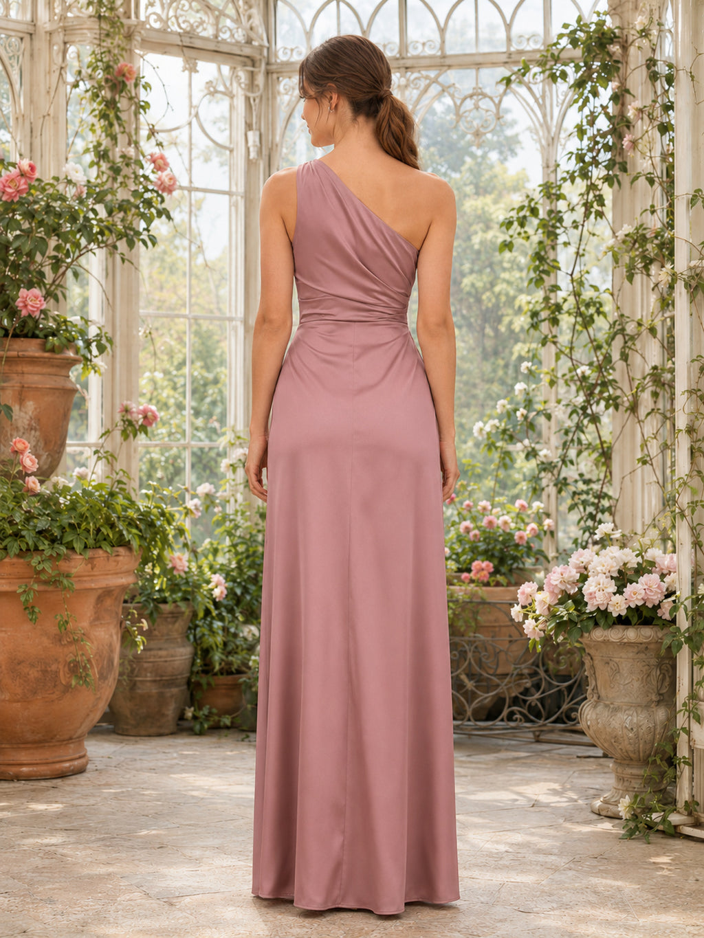 Dusty Rose Greenhouse Sheath Satin Bridesmaid Dress with Sleeveless One-Shoulder Bodice, Ruched Floor-Length Skirt and Low V