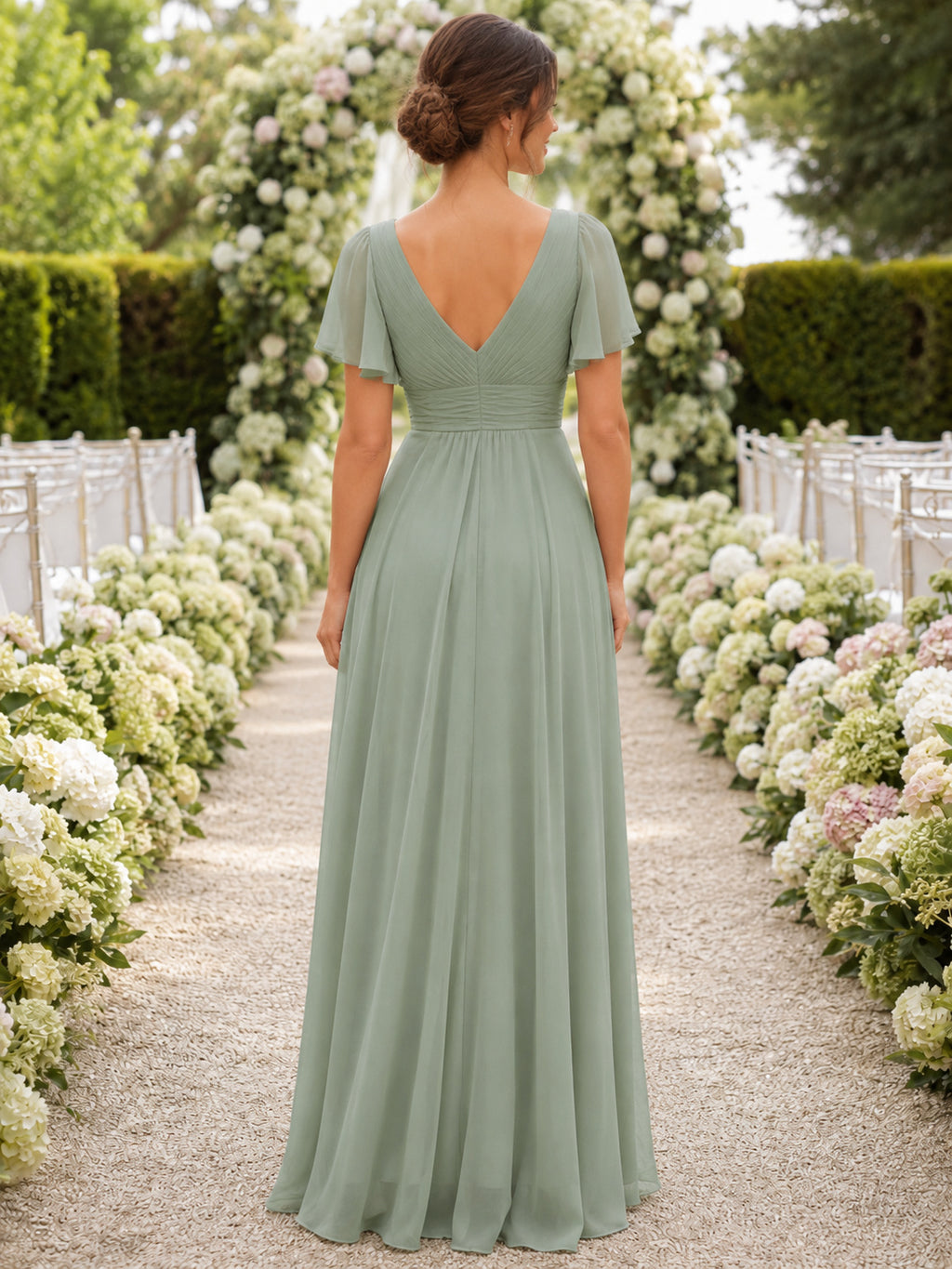 Sage V neck flutter sleeve chiffon floor length bridesmaid dress back view