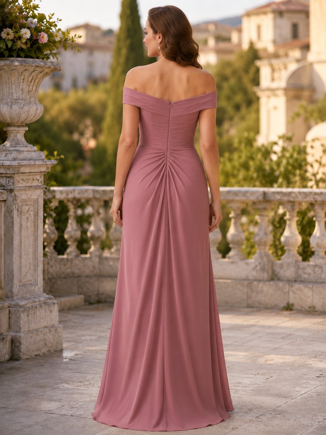 Dusty Rose Off Shoulder Ruched Waist Formal Dress back view