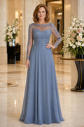 Steel Blue Long Sleeve Chiffon A-Line Mother Dress with Lace Illusion Bodice Style MG_300401 front view