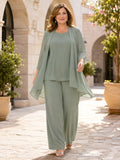 Sage Simple Plus-Size Mother of the Bride Chiffon Pantsuit with Layered Cape Top and Wide-Leg Trousers front view
