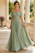 Sage Off-the-Shoulder A-Line Mother Dress with Pleated Chiffon Skirt front view