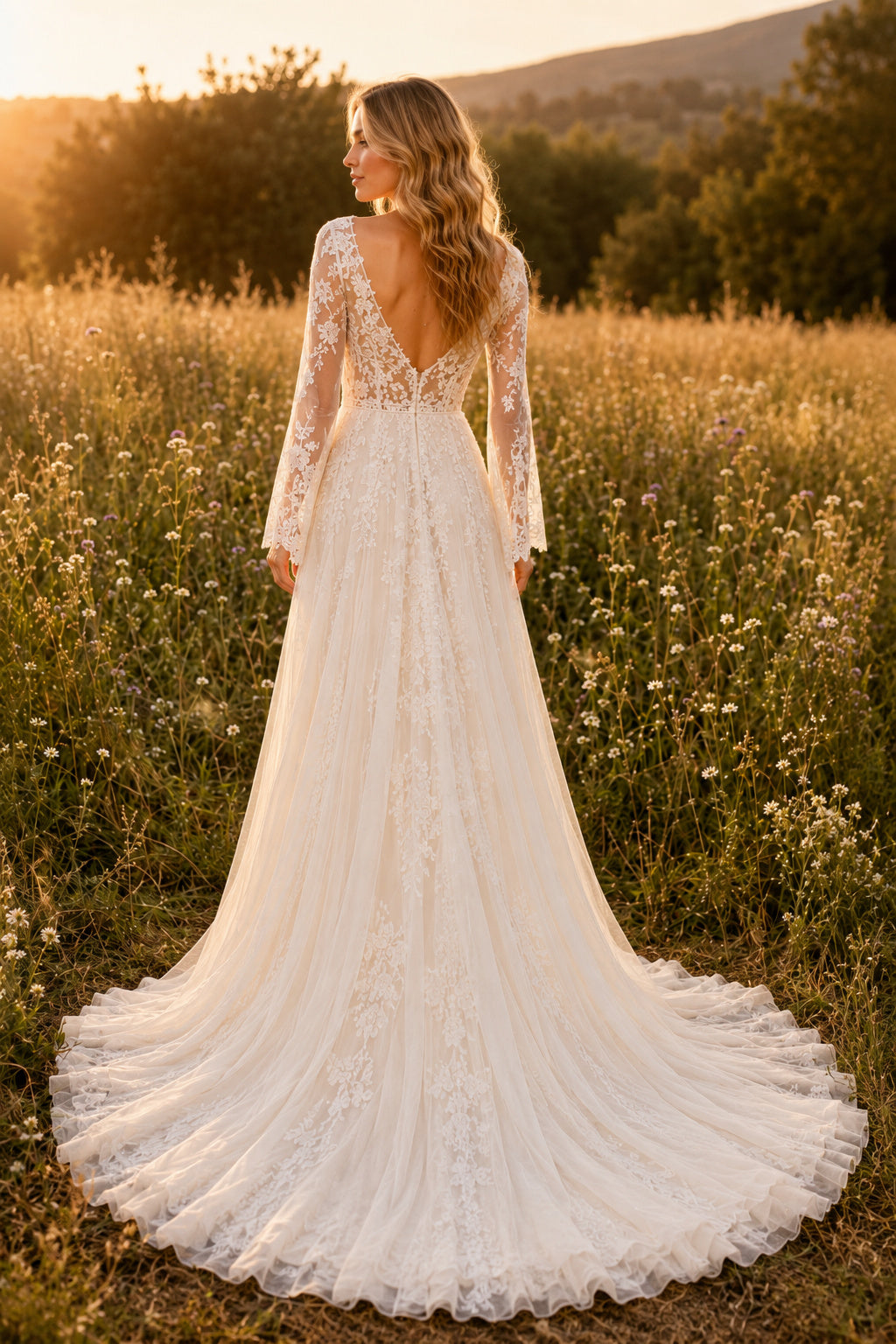 Ivory Long Bell Sleeve Lace A-Line Wedding Dress with V-Neck and Train back view