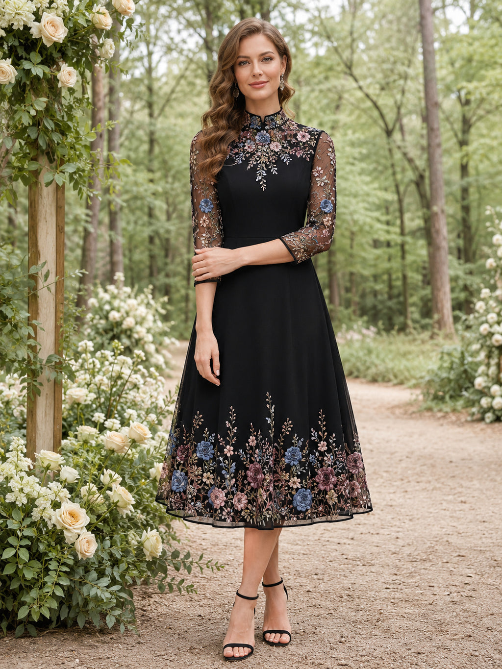 Black High Neck Floral Embroidered Chiffon Midi Guest Dress front view