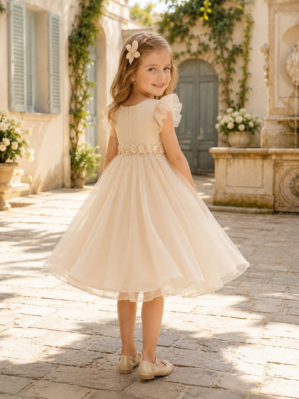 Champagne Flower Girl Dress Romantic Tea-Length A-Line Ruffle Sleeve Pleated Tulle Floral Beaded Waist back view