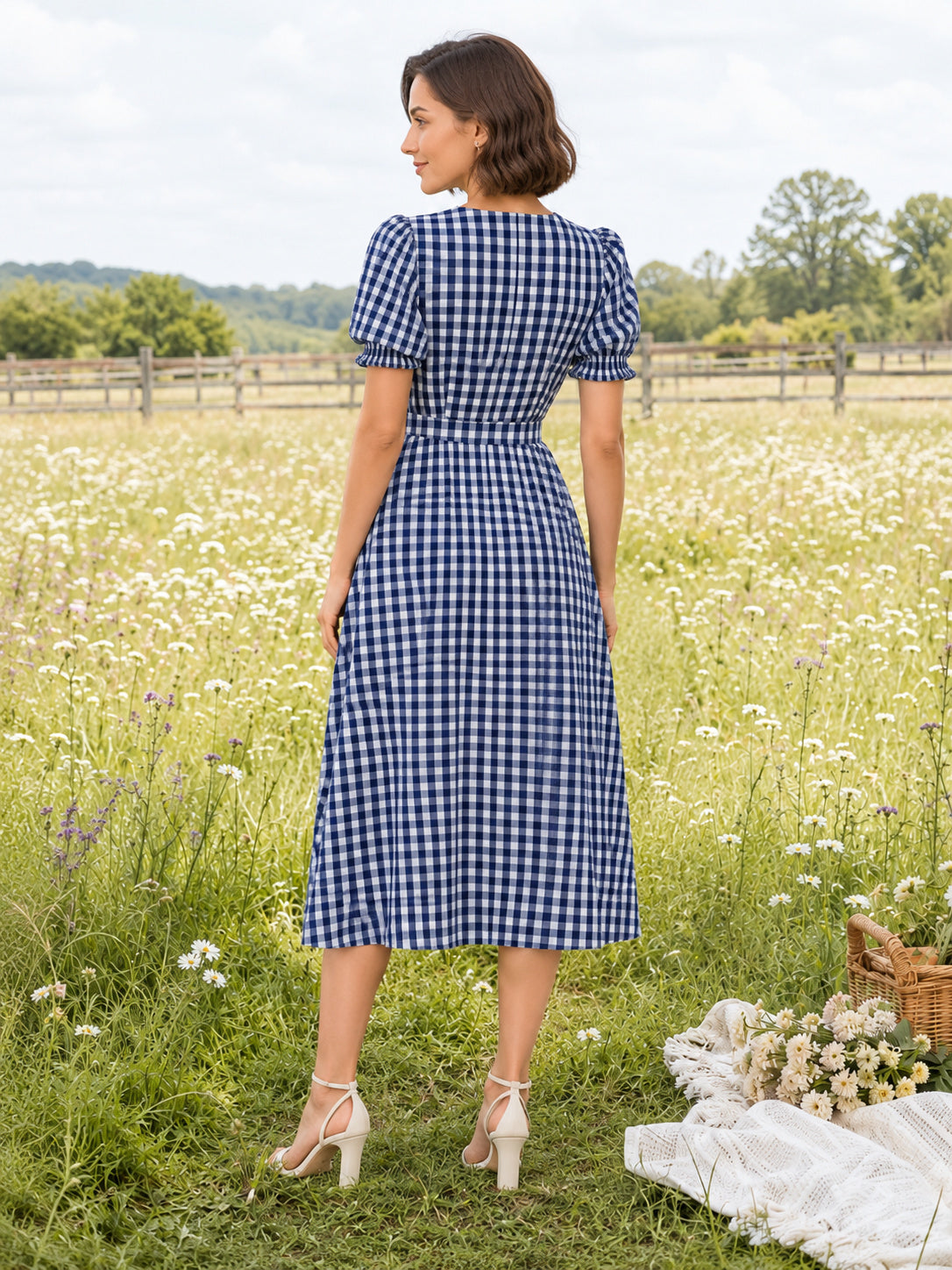 Blue Gingham V Neck Puff Sleeve Picnic Midi Dress back view