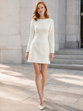 Minimal Bateau Long Sleeve Satin Sheath Short Mini Courthouse Wedding Dress front view