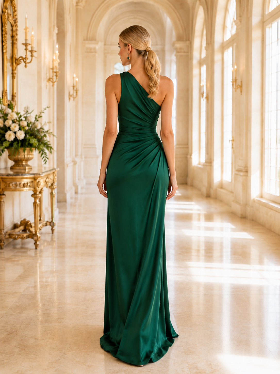 Grand Estate Formal Dark Green Elegant Modern Sheath Satin Bridesmaid Dress with One-Shoulder Sleeveless Floor-Length Ruching