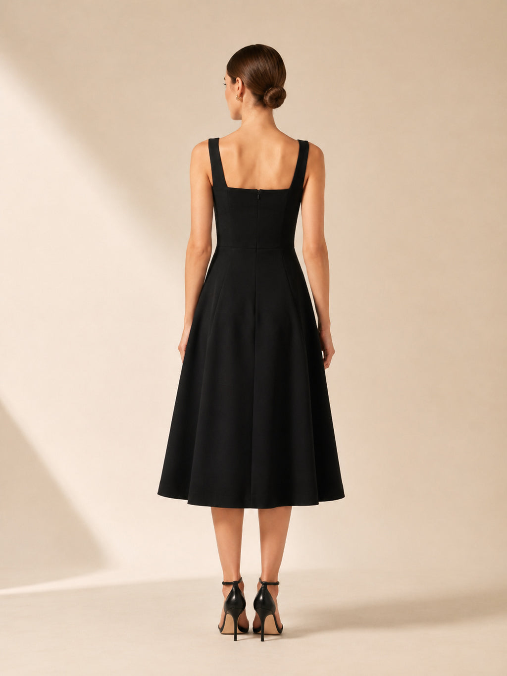 Black Square Neck Strap Minimalist A Line Midi Dress back view