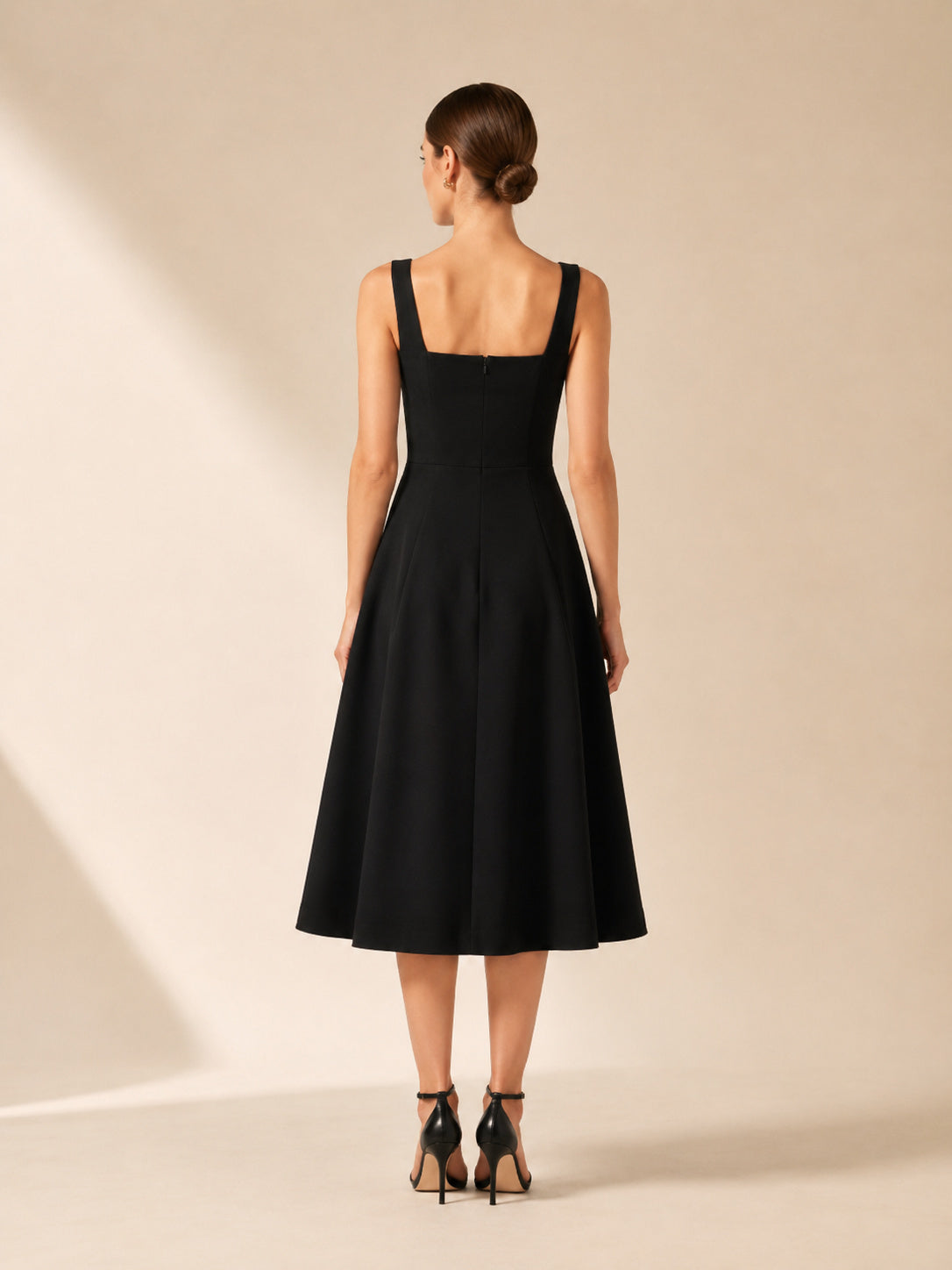 Black Square Neck Strap Minimalist A Line Midi Dress back view