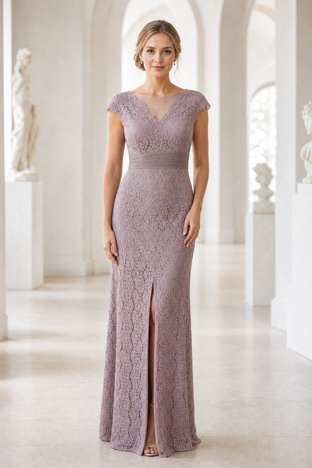 Mauve Bateau Cap Sleeve Sheath Lace Floor-Length Dress With Front Slit