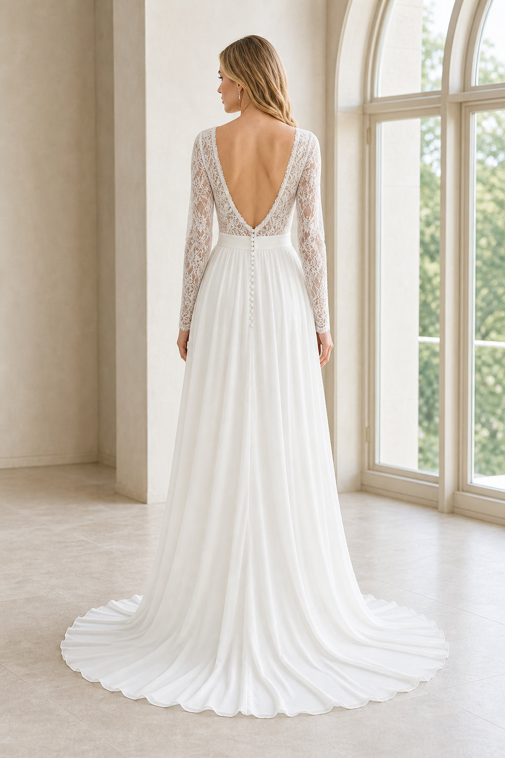 White Square A-Line Lace Floor-length Wedding Dress With Lace and Beaded Bodice and Open Back
