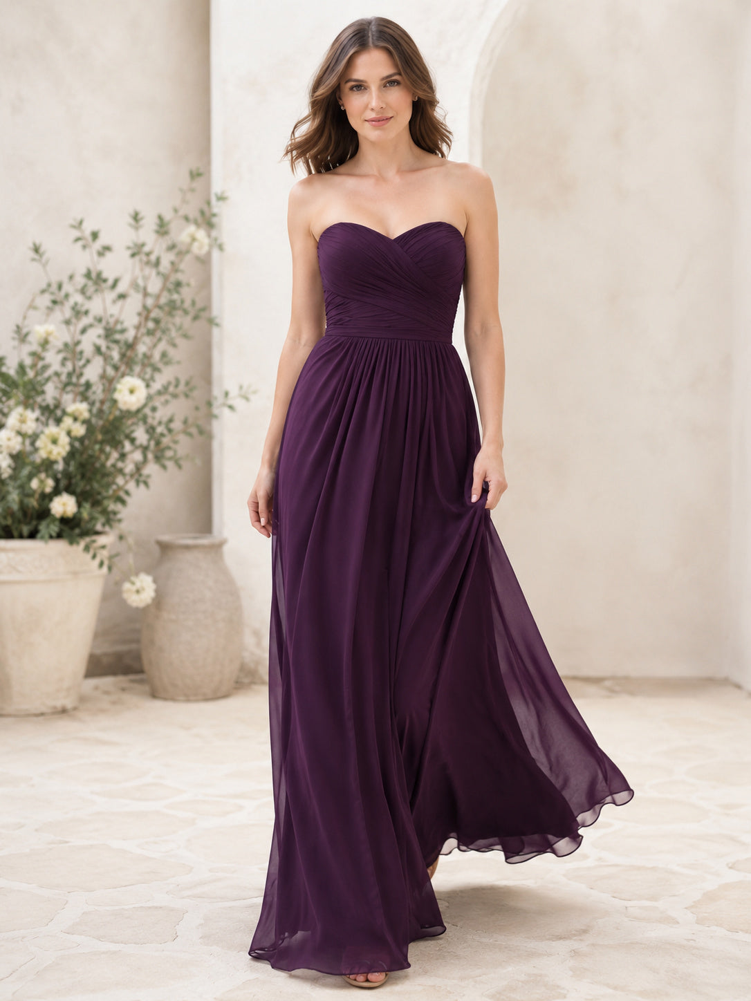 Plum Strapless Sweetheart Chiffon Floor Length A Line Bridesmaid Dress front view